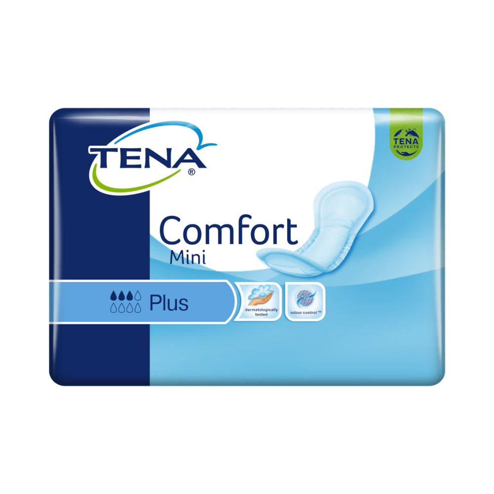 A pack of TENA Comfort Mini Plus incontinence pads contains 30 pads, manufactured with the latest technology. The packaging is mainly blue and white and displays the TENA logo as well as symbols highlighting absorbency, comfort, odor control, and a Dry Fast Core for excellent protection.