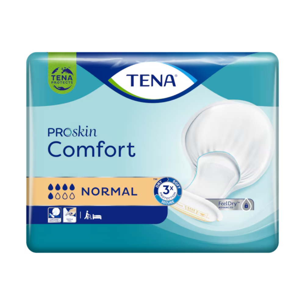 The TENA Comfort Normal incontinence pad pack with 42 pieces from TENA - Essity Germany GmbH contains pads that offer excellent leakage protection. The packaging is mainly blue with white and gold accents and shows an image of the pads as well as symbols for absorbency, odor control, and leakage protection.