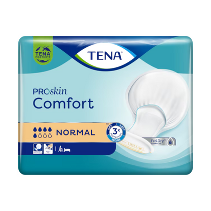 The TENA Comfort Normal incontinence pad pack with 42 pieces from TENA - Essity Germany GmbH contains pads that offer excellent leakage protection. The packaging is mainly blue with white and gold accents and shows an image of the pads as well as symbols for absorbency, odor control, and leakage protection.