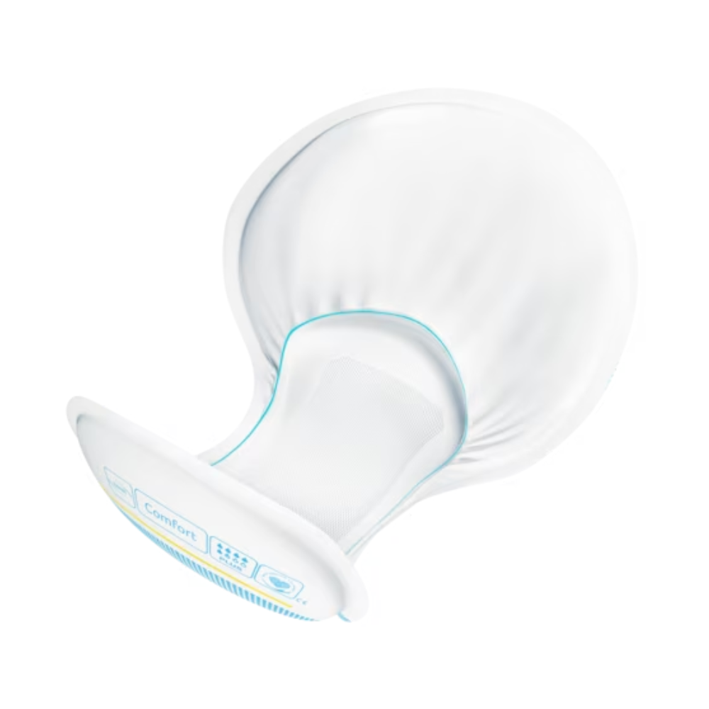 A dome-shaped object with a flexible design, featuring a softly padded interior and a smooth exterior surface. It highlights leak protection with a blue accent line as well as small blue symbols and text indicating features or instructions for the TENA Comfort Plus incontinence pad by TENA - Essity Germany GmbH, available in a pack of 46 pieces.