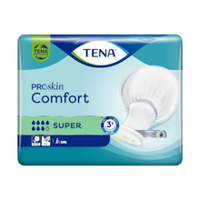 Die Verpackung der TENA Comfort Super Inkontinenzvorlage mit ihrer klaren Produktdarstellung betont durch eindeutige Icons die dermatologisch getesteten und Trockenheitsschutz-Eigenschaften. Das überwiegend in Blau und Grün gehaltene Design erleichtert die Identifizierung.