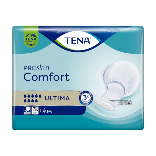 Eine Packung TENA Comfort Ultima Inkontinenzvorlage (Packung, 26 Stück) von TENA (Essity Germany GmbH). Die Verpackung ist blau und grün und weist einen Text auf, der die FeelDry-Technologie für optimalen Blasenschutz hervorhebt, mit Bildern von Tröpfchen, die die Saugfähigkeit anzeigen, und einer Nahaufnahme des Produkts, die für Hautgesundheit wirbt.