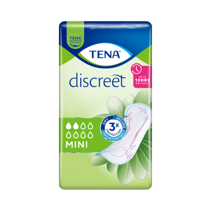 The image shows a pack of TENA Discreet Mini incontinence pads, developed for the treatment of bladder weakness. The green-blue packaging highlights features such as "up to 12 hours of dryness" and "triple protection". A floral pattern adorns the pad illustration on the right side of the package.