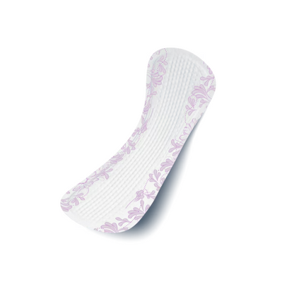 The TENA Discreet Ultra Mini incontinence pad, offered by TENA - Essity Germany GmbH in a pack of 28 pieces, is a thin and curved pad with a textured white surface featuring decorative lavender floral patterns on the edges against a plain white background. It is ideal for light bladder weakness and uses microPROTEX™ technology for excellent protection.