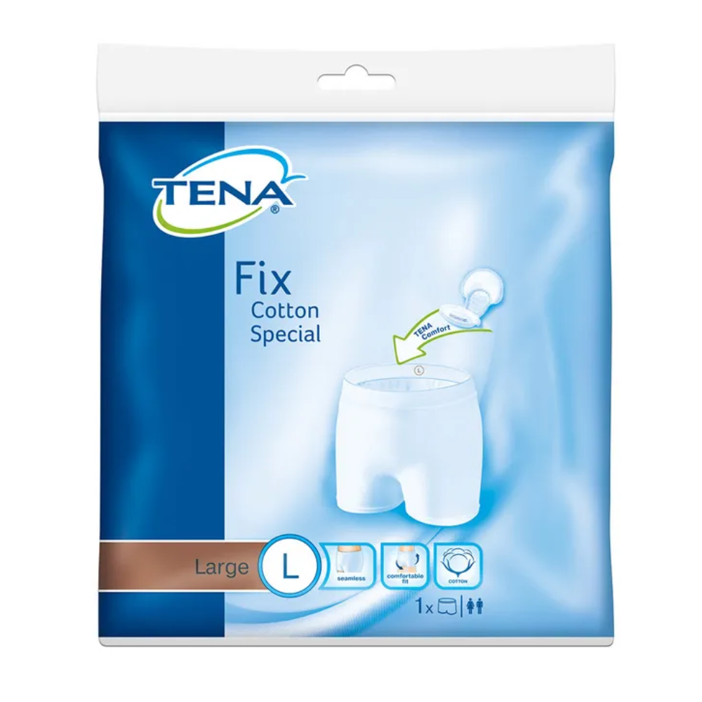 A pack of TENA Fix Cotton Special Fixation Pants incontinence underwear, size L, from TENA - Essity Germany GmbH. The blue and white packaging shows an image emphasizing comfort and fit, along with symbols with detailed washing instructions and product information for easy care.