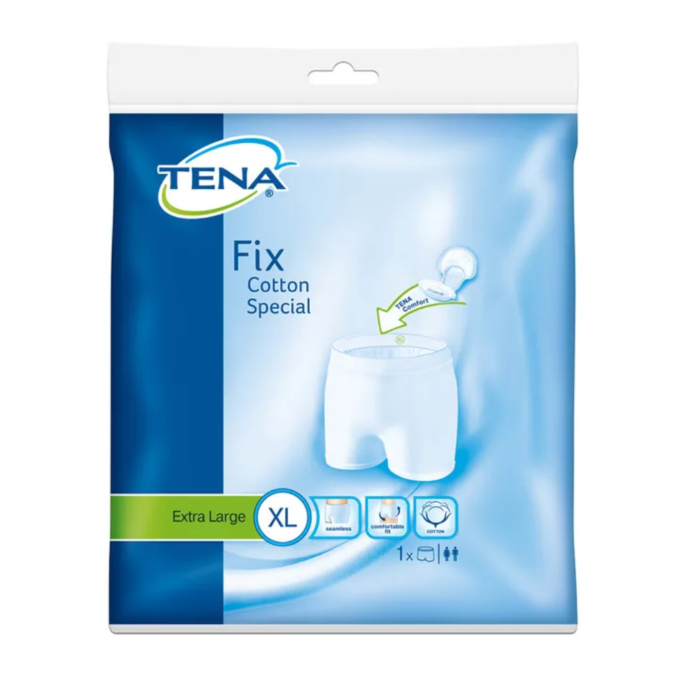 The blue packaging of the TENA Fix Cotton Special Fixation Pants incontinence underwear, extra large, shows the product image and symbols highlighting its benefits. Also labeled as "fixation pants," it fits perfectly with incontinence pads for optimal comfort and security.