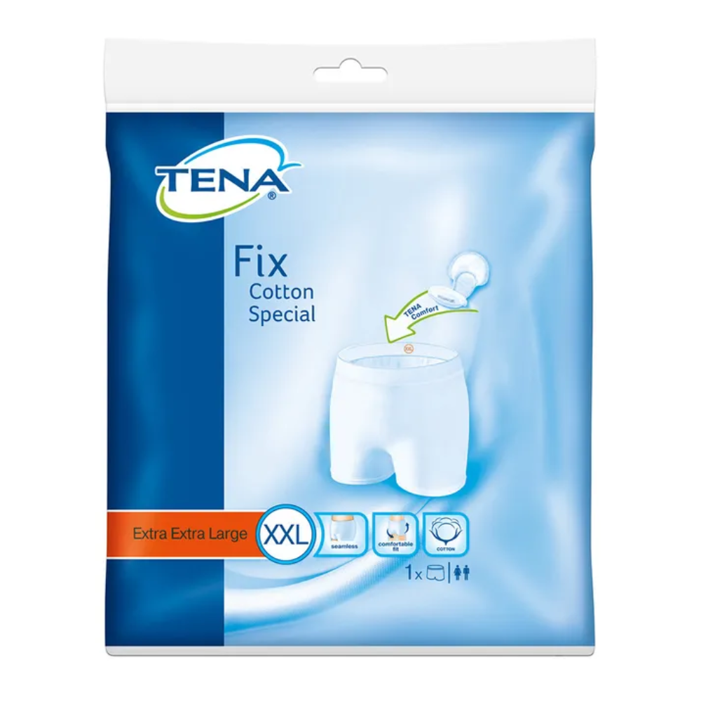 Bild der Verpackung der TENA Fix Cotton Spezial Fixierhose. Die Verpackung ist in Blau und Weiß gehalten und zeigt eine Abbildung eines Paars weißer Fixierhose. Der Text auf der Verpackung lautet „Extra Extra Large XXL“ und „1 x“, mit Symbolen, die auf die Unisex-Verwendung hinweisen, ideal zum Sichern von Inkontinenzeinlagen. Dieses Produkt wird von TENA unter der Essity Germany GmbH angeboten.