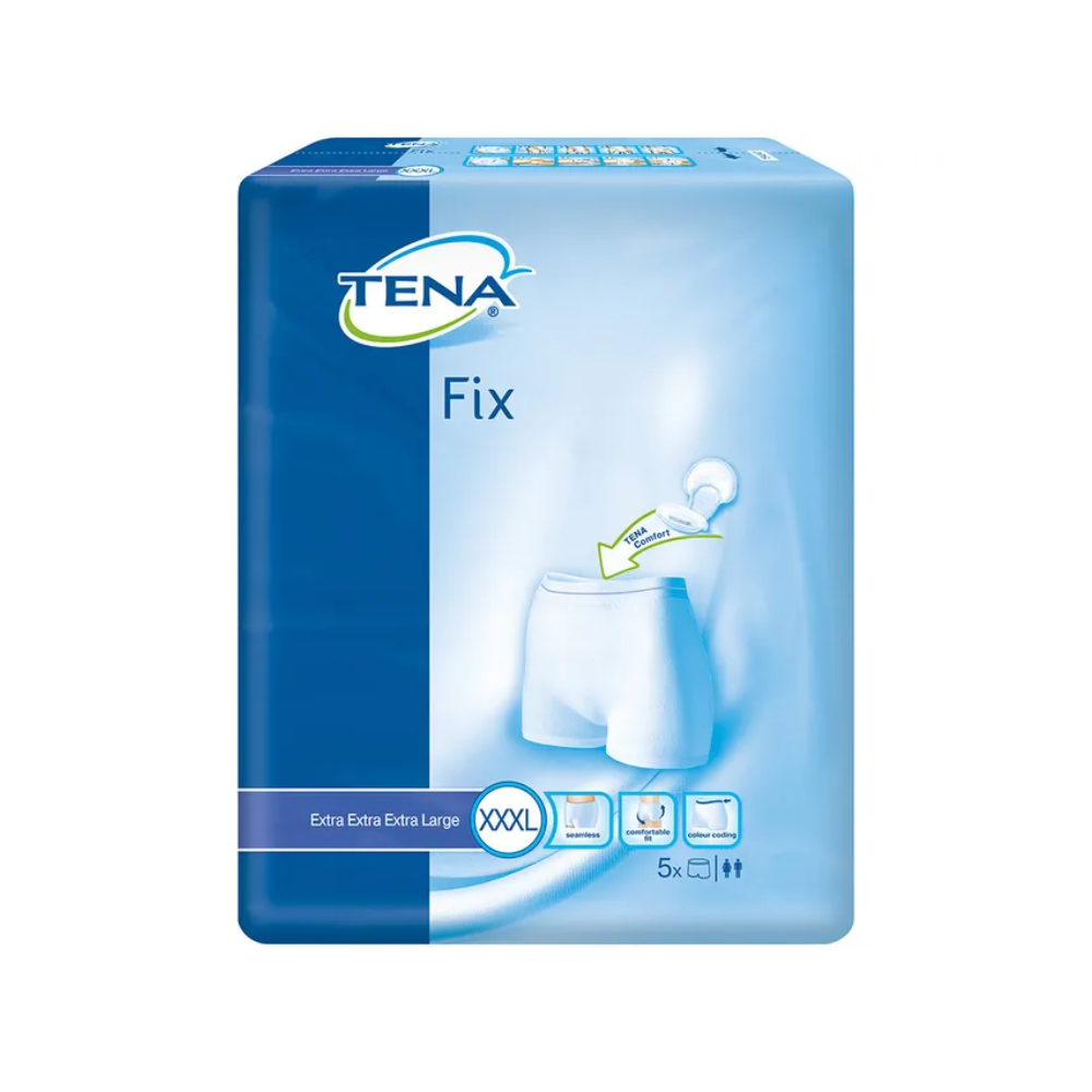 The image shows a pack of TENA Fix incontinence fixing pants from TENA – Essity Germany GmbH. The packaging is blue with white text, indicates the size XXXL, and contains five pieces. An illustration emphasizes the fit and ensures reliable leakage protection for more confidence.