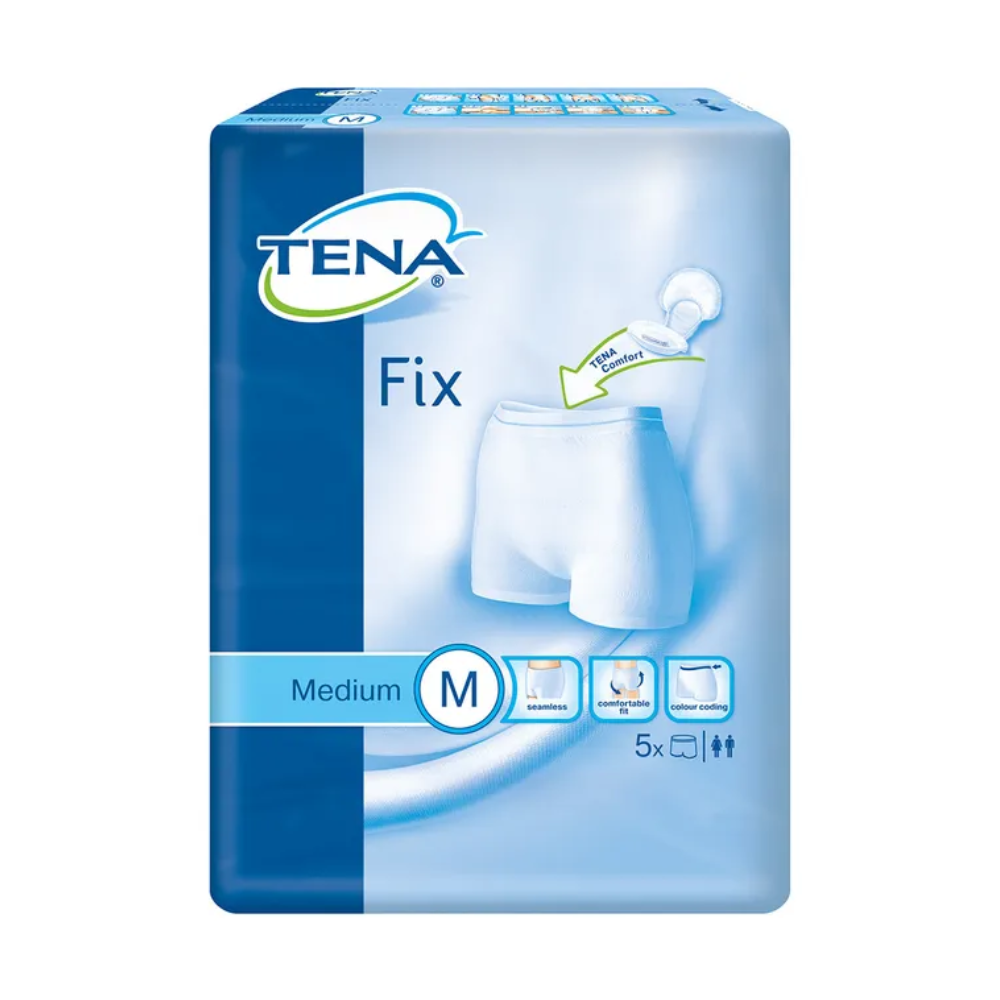 An image of the TENA Fix incontinence fixing pants packaging from TENA - Essity Germany GmbH in blue and white shows white slip-style briefs with the inscription 'Medium M'. The design emphasizes washability, comfort, and leakage protection, and indicates a set of five items tailored for maximum protection.