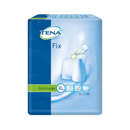 The packaging of the TENA Fix incontinence fixing pants in size XL from TENA - Essity Germany GmbH impresses with a vibrant depiction of the product. It is predominantly blue with green accents emphasizing leakage protection, contains 5 pieces, and is suitable for both men and women.