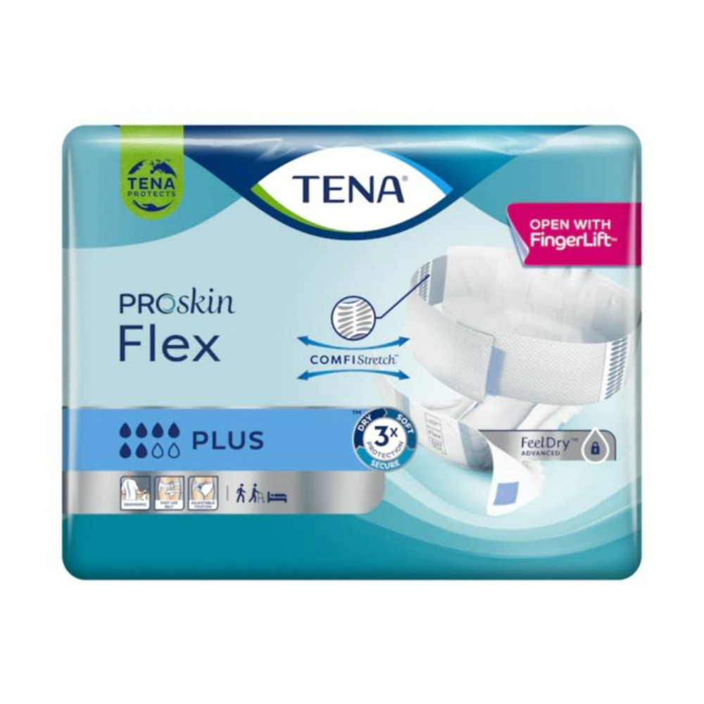 Eine Packung TENA Flex Plus Inkontinenzhose, bekannt als Inkontinenzunterwäsche. Die blau-weiße Verpackung zeigt Bilder des Produkts, die darauf hinweisen, dass es für maximale Saugfähigkeit mit „FeelDry Advanced“-Technologie und einem „ComfiStretch“-Hüftbund entwickelt wurde. „Öffnen mit FingerLift“ ist vermerkt. Das Produkt gehört zur Marke TENA der Essity Deutschland GmbH.