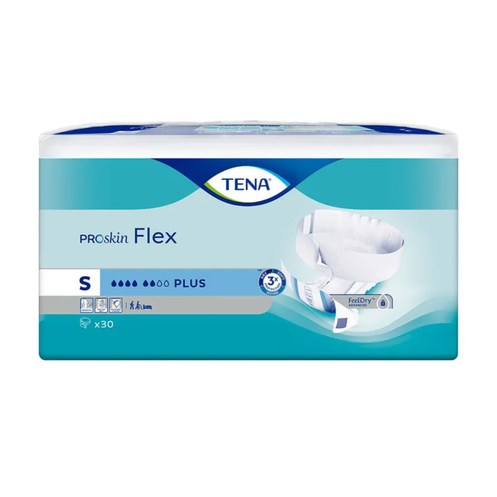 Die Verpackung der TENA Flex Plus Inkontinenzhose in Größe Small präsentiert sich in einem blau-weißen Design mit Windelbild, das die „Plus“-Saugfähigkeit, die FeelDry-Technologie und den Hüftbund für erhöhten Tragekomfort betont. Jede Packung enthält 30 Einheiten Inkontinenzvorlage der Marke TENA – Essity Germany GmbH.