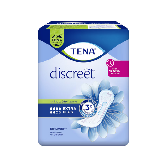 Eine Packung TENA Lady Discreet Extra Plus Inkontinenzeinlage | Packung (16 Stück) von Essity Germany GmbH. Die blaue, mit einem Blumendesign verzierte Packung enthält Produktdetails wie „3x Schutz“, „InstaDRY™ Technologie“ und „bis zu 12 Stunden trocken“. Die Produktsprache scheint Deutsch zu sein.