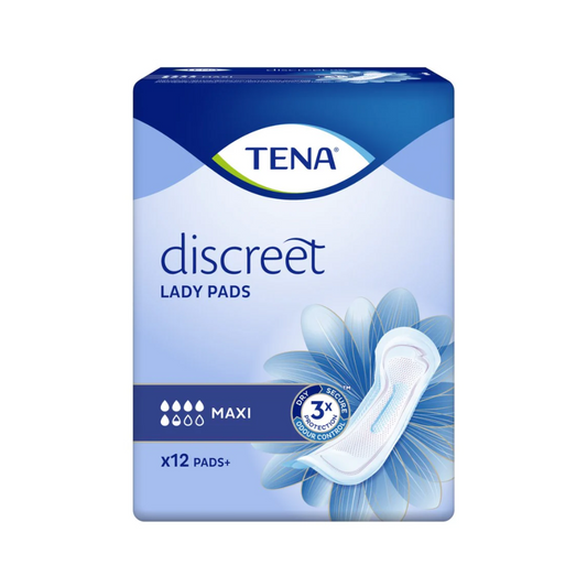 Eine Packung TENA Lady Discreet Maxi Inkontinenzeinlage. Die hauptsächlich blaue Packung zeigt das Bild einer Einlage und ein blaues Blumendesign, wobei „MAXI“ mit einem Saugfähigkeitsindikator und „3X Protection“ hervorgehoben ist. Diese TENA-Packung (Essity Germany GmbH) ist ideal für Blasenschwäche und enthält 12 Einlagen, um Inkontinenzbedürfnisse diskret zu bewältigen.