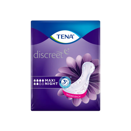 Eine Packung TENA Lady Discreet Maxi Night Inkontinenzeinlage, die 12 Einlagen enthält. Die hauptsächlich violette Verpackung mit Blumendesign hebt Merkmale wie „3X Schutz“ und „Wider Back“ hervor. Das TENA-Logo ist oben prominent angebracht, was es ideal für diejenigen macht, die unter starker Blasenschwäche leiden.