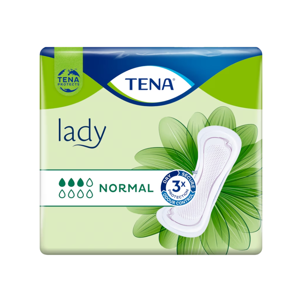 Eine Packung TENA Lady Normal Slipeinlage, die in der Mitte die Aufschrift „NORMAL“ sowie eine Reihe von Tropfen zur Angabe der Saugfähigkeit trägt. Die Verpackung ist grün und blau, geschmückt mit einer großen grünen Blumengrafik und einem Bild eines Inkontinenzprodukts auf der Vorderseite, das Dreifachschutz bei Blasenschwäche bietet. Die Packung enthält 30 Stück und wird von Essity Deutschland GmbH unter der Marke TENA hergestellt.