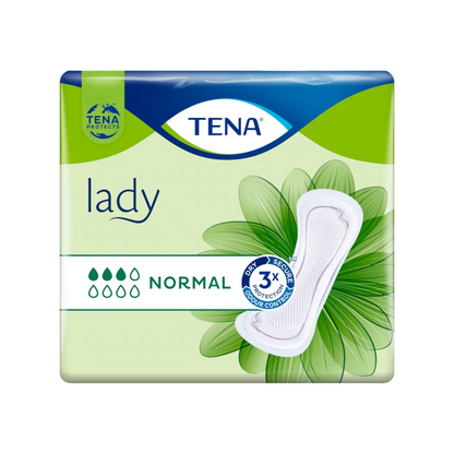 The TENA Lady Normal panty liner | Pack (30 pieces) by TENA - Essity Germany GmbH, developed for the treatment of bladder weakness, is presented on a green-blue background. The packaging highlights "3x protection" and "odor control" and shows a graphic of the liner on the right side to demonstrate this effective incontinence product.