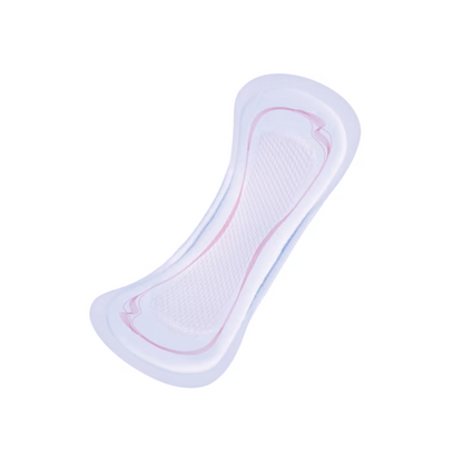 A close-up of a TENA Lady Normal panty liner, designed by TENA – Essity Germany GmbH, isolated on a white background. The panty liner features a contoured shape and a textured surface for optimal absorbency, making it an ideal incontinence product for the treatment of bladder weakness.