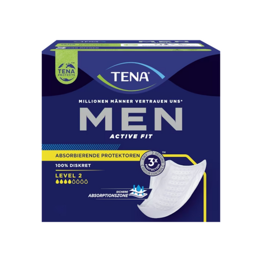 Bild einer Packung TENA Men Active Fit Level 2 Inkontinenzeinlage von TENA (Essity Germany GmbH). Die blaue Box zeigt an, dass es sich um einen saugfähigen Schutz für Männer handelt, ideal für mittleren Harnverlust, mit 3-facher Saugfähigkeit und der Bezeichnung Level 2. Der Text auf Deutsch lautet „MILLIONEN MÄNNER VERTRAUEN UNS“. Das Bild zeigt auch das Produktdesign in Weiß. Packung enthält 20 Stück.