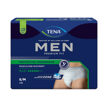 Verpackung der TENA Men Active Fit Pants Maxi Inkontinenzhose in Größe S/M von TENA - Essity Germany GmbH. Das Design besticht durch ein maskulines und diskretes Erscheinungsbild, perfekt für starken Harnverlust mit maximaler Saugfähigkeit. Ein Bild des Produkts wird angezeigt, begleitet von einem Text, der auf sichere Saugfähigkeit und eine Stückzahl von 12 Stück hinweist.