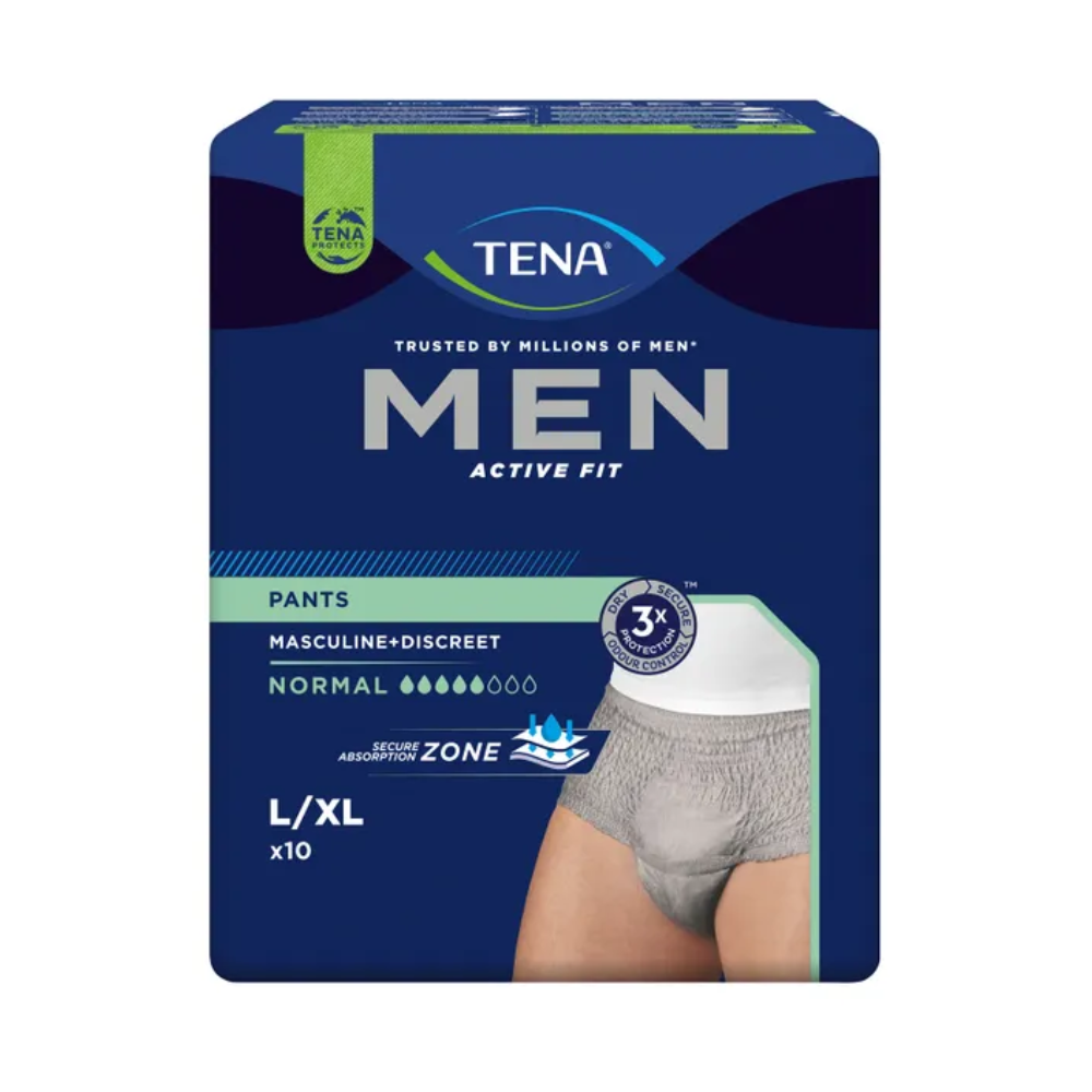 Eine Packung TENA Men Active Fit Pants Normal Inkontinenzhosen in Größe L/XL mit zehn Einweg-Unterhosen für Männer darin, hergestellt von TENA (Essity Deutschland GmbH). Die Packung hebt Merkmale wie ein maskulines und diskretes Design, eine sichere Absorptionszone und 3-fachen Schutz bei mittelschwerer Harninkontinenz hervor. Das Gesamtfarbschema ist dunkelblau mit grünem und weißem Text.