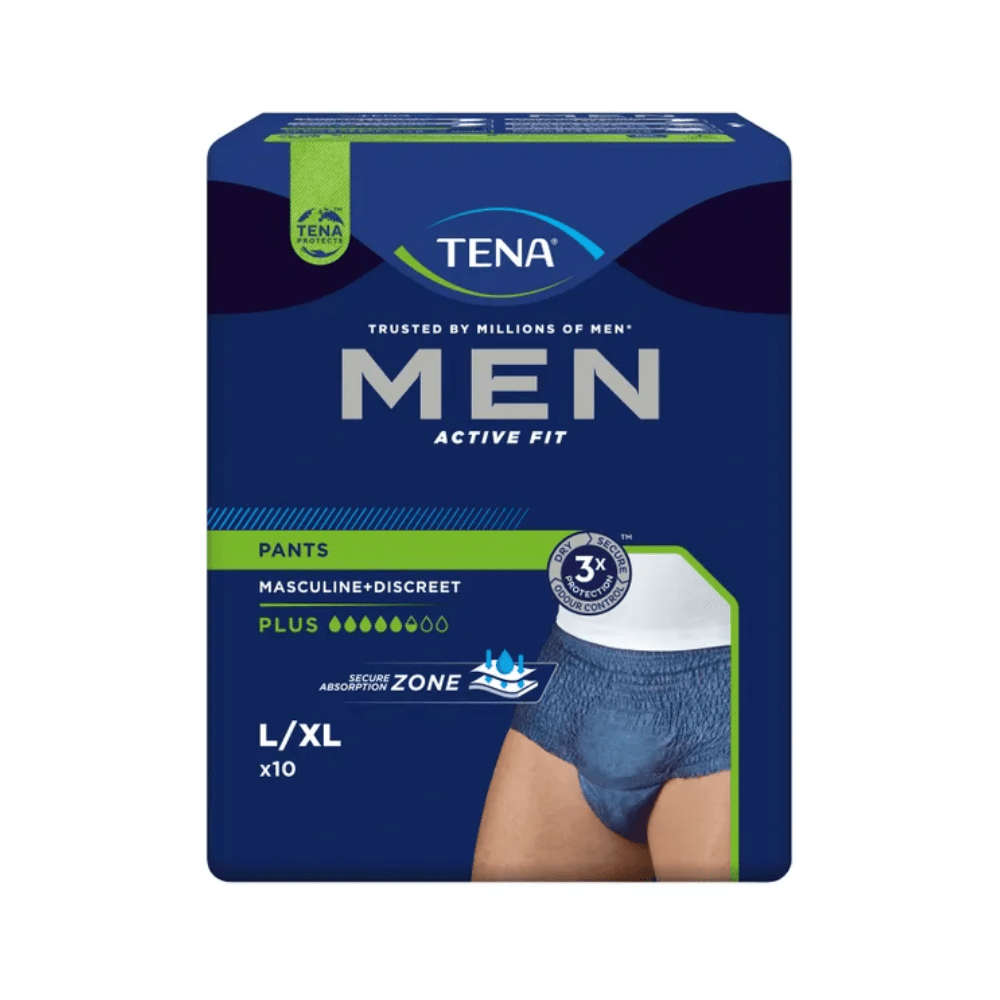 The image shows a package of TENA Men Active Fit Pants Plus incontinence pants from Essity Germany GmbH. The blue packaging with green markings indicates that it contains 10 pants in size L/XL, which are perfect for treating urinary incontinence. Notable features include the masculine design, discreet fit, and high absorbency.