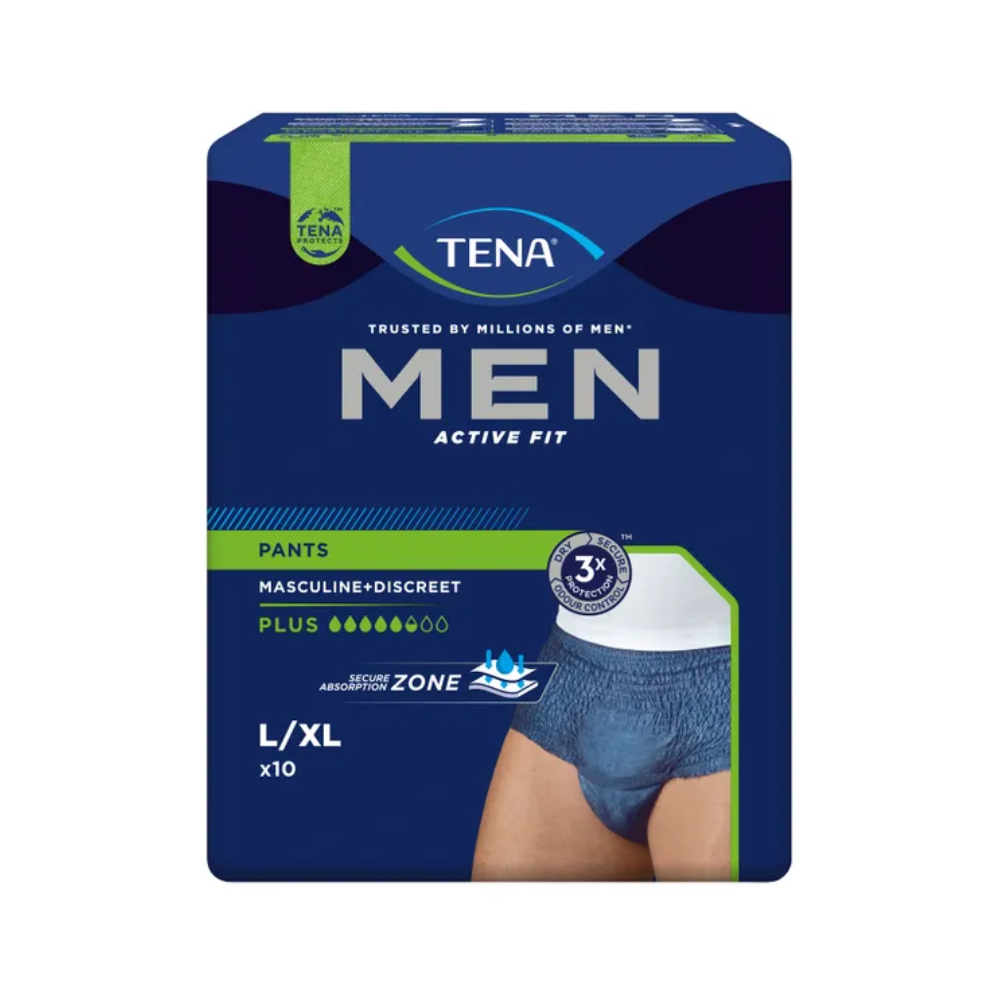 Packung TENA Men Active Fit Pants Plus Inkontinenzhosen, Größe L/XL, enthält 10 Hosen. Die überwiegend dunkelblaue Packung mit weißem und grünem Text zeigt ein Bild eines Mannes, der die Hose trägt, und betont Männlichkeit, Diskretion und Saugfähigkeit. Dieses Produkt ist von TENA (Essity Deutschland GmbH).