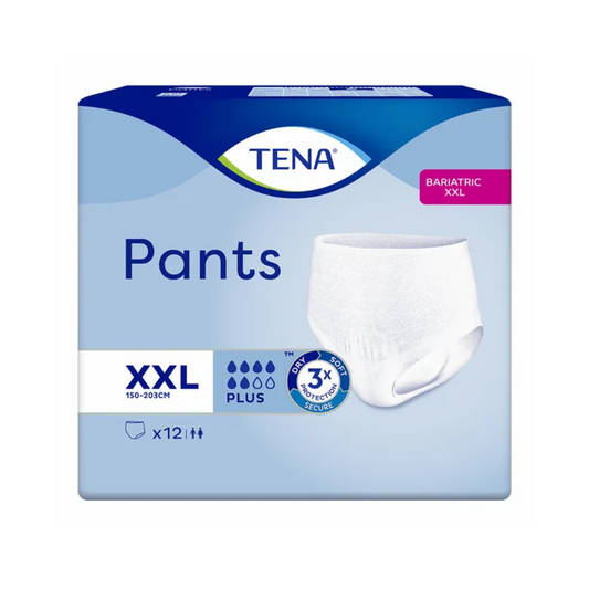 Das Bild zeigt eine Packung TENA Pants Bariatric Plus Inkontinenzhose für adipöse Menschen Gr. XXL von TENA (Essity Germany GmbH), entworfen für einen Taillenumfang von 150-203 cm. Die blau-weiße Verpackung zeigt ein Bild der Hose, die speziell für übergewichtige Benutzer mit Blasenschwäche zugeschnitten ist. Sie enthält 12 Hosen mit dreifachem Schutz.