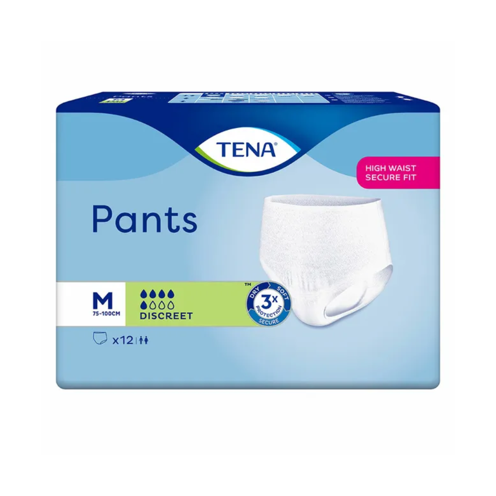 Abbildung einer Packung TENA Pants Discreet Inkontinenzpants. Die blau-weiße Verpackung zeigt ein Bild des Produkts: ein Paar weiße Inkontinenzunterwäsche (Einwegunterwäsche). Sie ist in der Größe M (75-100 cm) angegeben, diskret, mit hoher Taille und sicherem Sitz, und enthält 12 Einheiten. Marke: TENA (Essity Germany GmbH).