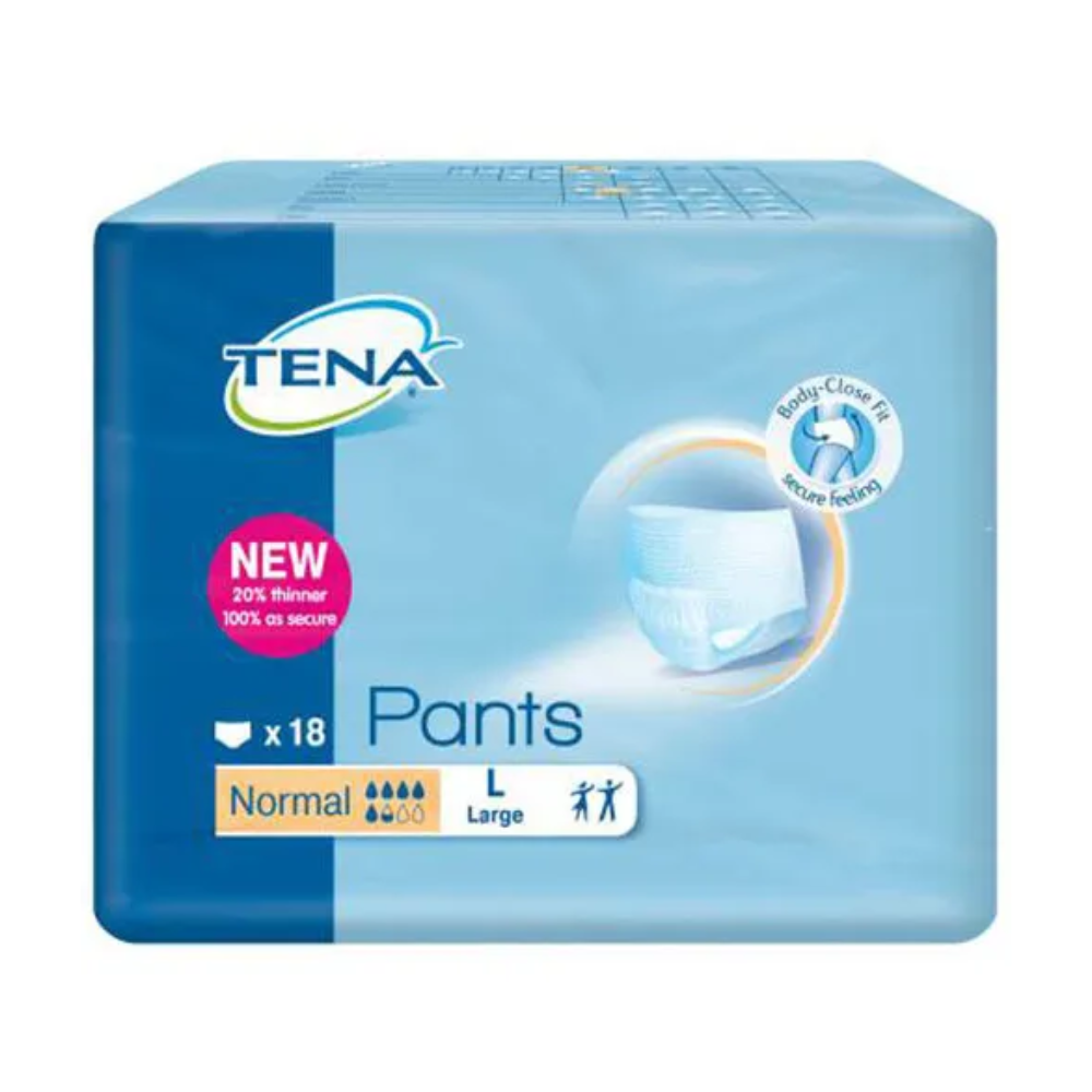 The packaging of the TENA Pants Normal incontinence pants for adults in size Large by TENA - Essity Germany GmbH includes 18 pants, specifically designed for bladder weakness. The blue design features product images and emphasizes comfort and a secure fit.