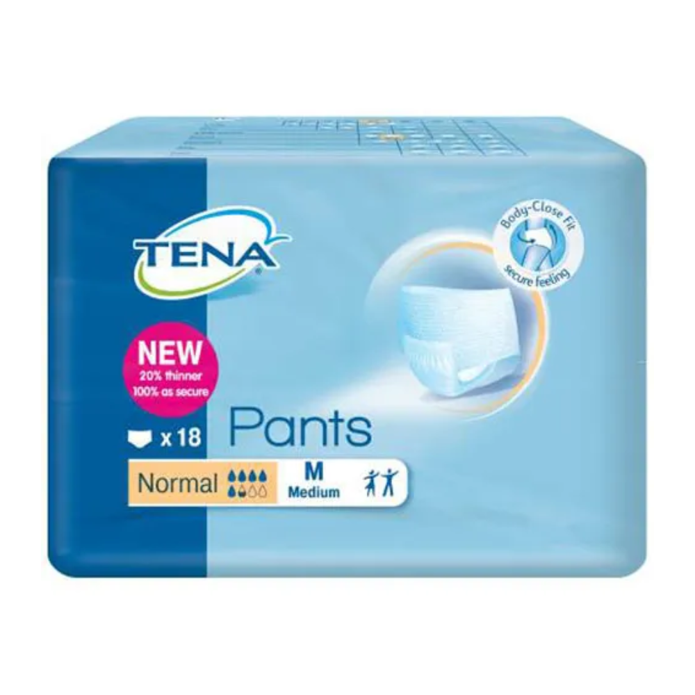 The image shows a pack of TENA Pants Normal incontinence pants, specially made by TENA - Essity Germany GmbH for bladder weakness. It contains 18 medium-sized pants with 'normal' absorbency, and the packaging emphasizes a 20% thinner design and a comfortable fit against a blue background with the product branding.