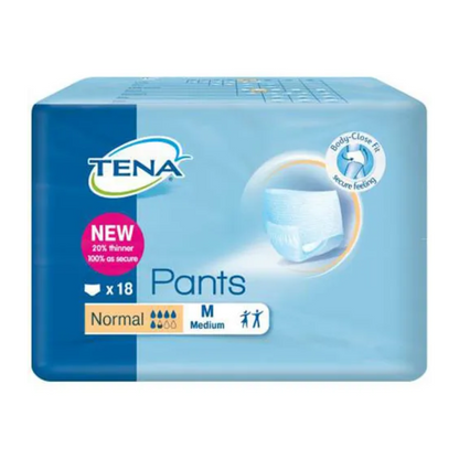 The image shows a pack of TENA Pants Normal incontinence pants, specially made by TENA - Essity Germany GmbH for bladder weakness. It contains 18 medium-sized pants with 'normal' absorbency, and the packaging emphasizes a 20% thinner design and a comfortable fit against a blue background with the product branding.