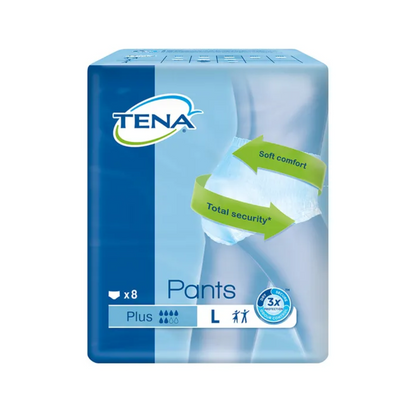 On the packaging of the TENA Pants Plus ConfioFit incontinence pants in size L, there is an image of the product, with labels highlighting 'Soft Comfort' and 'Total Security'. This pack from TENA – Essity Germany GmbH is perfect for people with bladder weakness and contains 8 pieces. It is marked with symbols that demonstrate usage and absorbency strength, ensuring reliable protection.