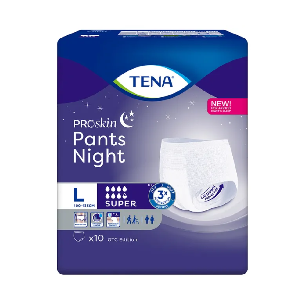 The image shows the packaging for TENA ProSkin Pants Night Super incontinence pants from TENA – Essity Germany GmbH. This disposable underwear is designed for incontinence needs and offers a wide size range of 100-135 cm. It provides super absorbency and nighttime protection with skin-friendly properties. The pack contains 10 pants, perfect for treating bladder weakness.
