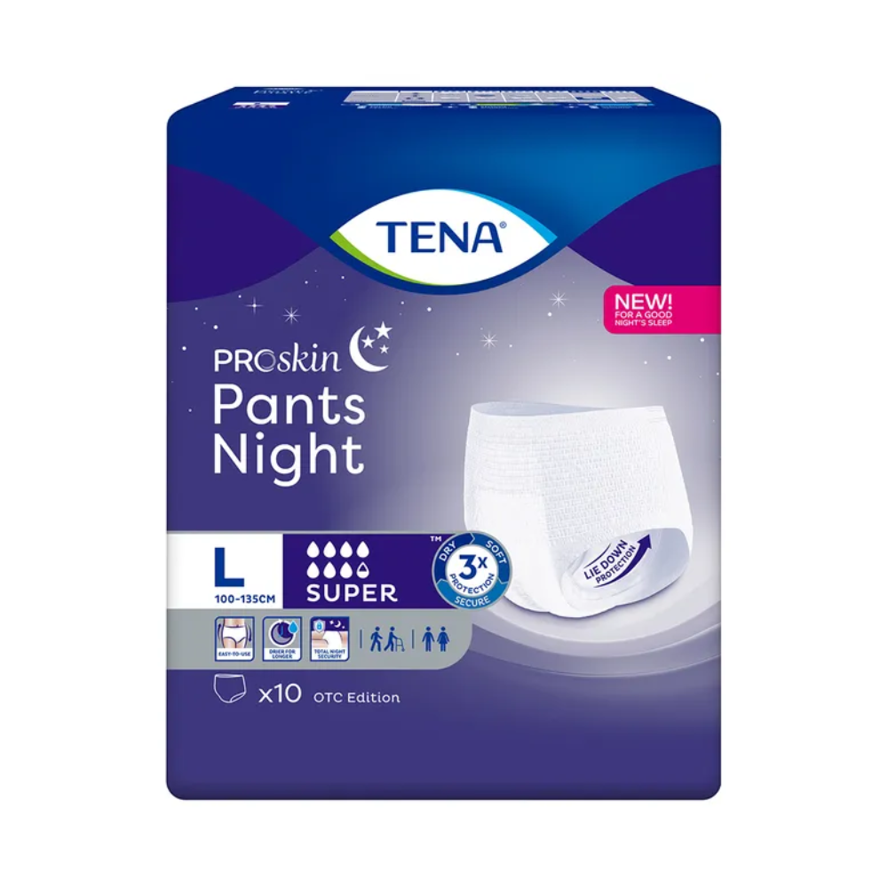 Bild der TENA ProSkin Pants Night Super Inkontinenzhose, Größe L, geeignet für Taillenumfang 100-135 cm, erhältlich im 10er-Pack. Die Verpackung zeigt ein Bild des Produkts und betont seinen 3-fachen Schutz für eine verbesserte Schlafqualität. Die Verpackung wurde zur Behandlung von Blasenschwäche entwickelt und ist überwiegend dunkelblau und violett. Das Produkt wird Ihnen von TENA (Essity Germany GmbH) zur Verfügung gestellt.