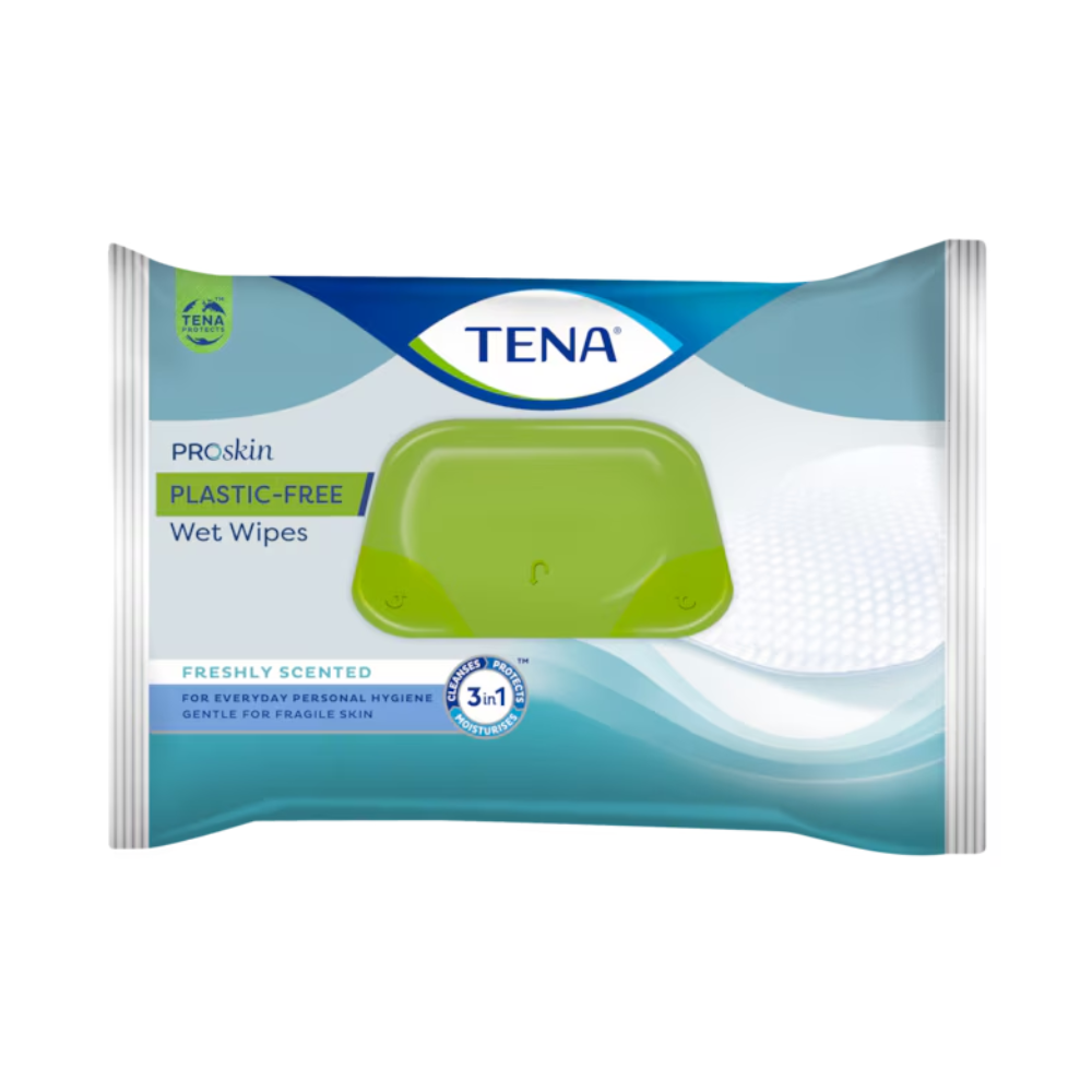The TENA ProSkin Plastic-Free Wet Wipes, offered by TENA – Essity Germany GmbH in a pack of 48, come in packaging with a green-blue design and a resealable green lid. These wipes are labeled as freshly scented, offer skin protection, and are ideal for daily personal hygiene due to their gentle formulation for sensitive skin.