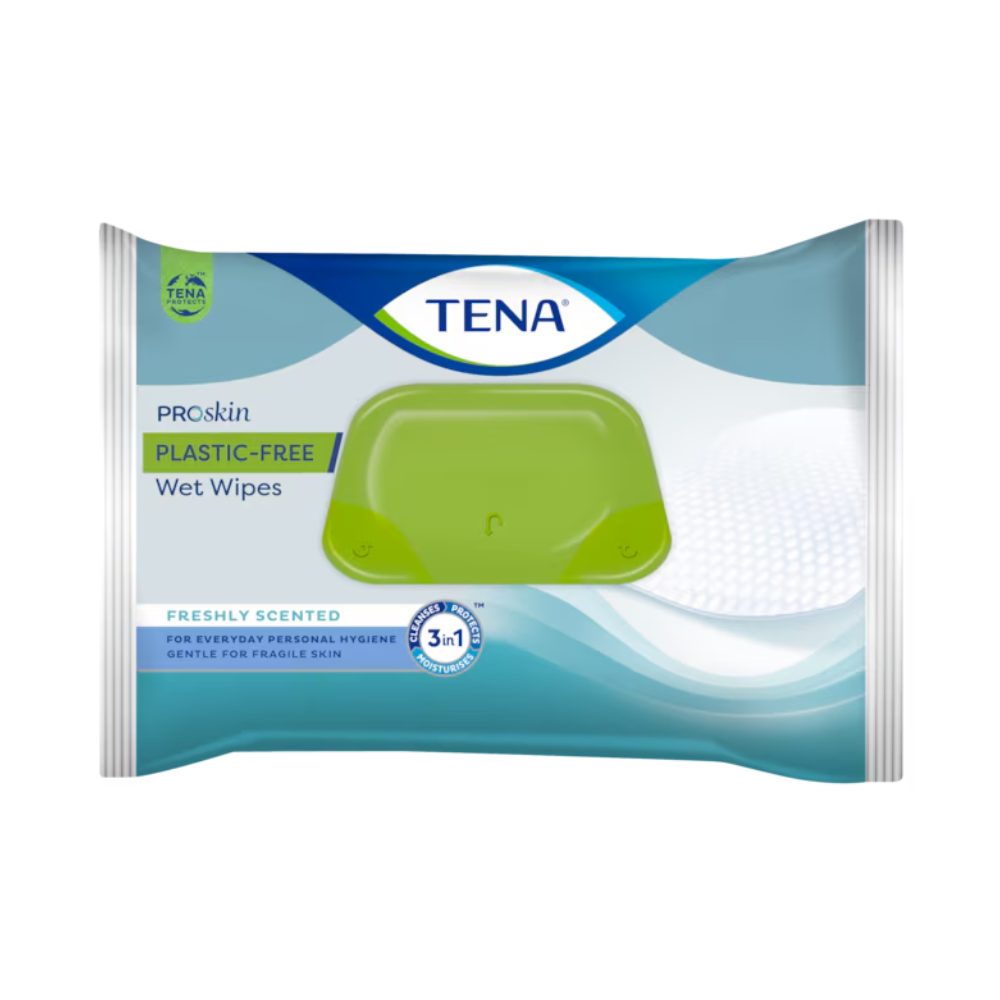 Bild einer Packung TENA ProSkin Plastic-Free Feuchttücher | Packung (48 Stück) von TENA (Essity Germany GmbH). Die Packung ist überwiegend blau und weiß mit einem grünen Plastikdeckel. Der Text erwähnt, dass das Produkt „frisch duftet“, „feuchtigkeitsspendend“ und „sanft für empfindliche Haut“ ist.