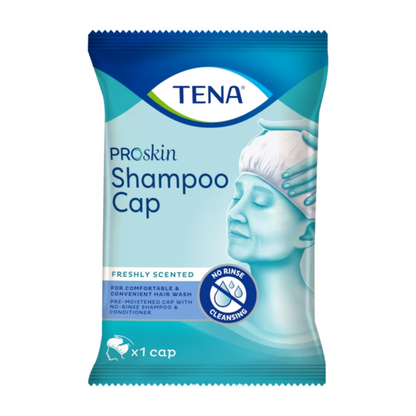 The TENA ProSkin Shampoo Cap wash cap from TENA - Essity Germany GmbH is presented in packaging with a blue and white design, featuring a person using this disposable cap. The text emphasizes "Freshly scented", "Cleansing without rinsing" and includes both "Shampoo and conditioner". Contains one cap.