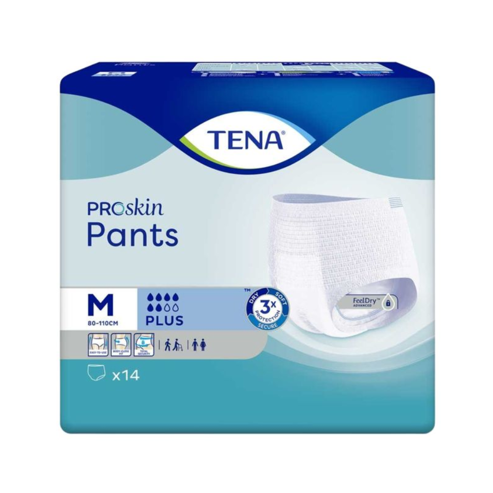 Verpackungsbild der TENA Proskin Pants Plus Inkontinenzhose der Marke TENA (Essity Deutschland GmbH) bei Blasenschwäche. Die Packung ist hell- und dunkelblau mit einem weißen TENA-Logo am oberen Rand. Es ist ein Bild des Produkts zu sehen, das als mittlere Größe für 80-110 cm Taillenumfang mit 14 Stück gekennzeichnet ist. Diese Inkontinenzhose bietet dreifachen Schutz.
