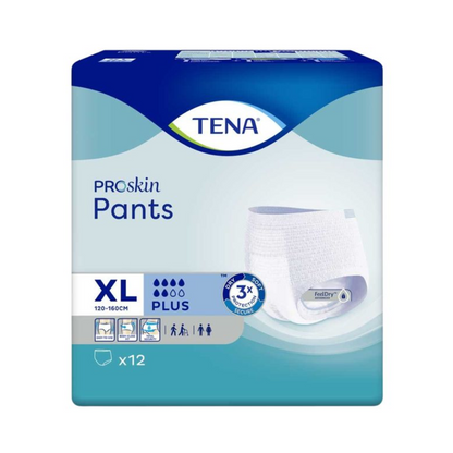 The TENA Proskin Pants Plus incontinence pants in size XL (120-160 cm) feature triple absorbency, making them perfect for people with oversized needs. This pack of 12 includes moisture-reducing technology with a FeelDry layer, ensuring these incontinence pants offer exceptional comfort and dryness.