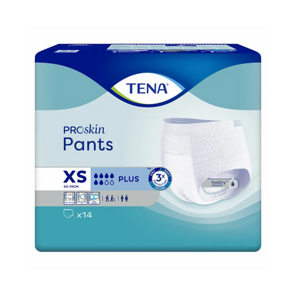 The packaging of TENA Proskin Pants Plus incontinence pants in size XS highlights features such as FeelDry Advanced and moisture-reducing technology. The blue-white packaging with the TENA brand – Essity Germany GmbH shows an image of the incontinence pants and contains 14 pieces.
