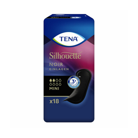 Die Verpackung der TENA Silhouette Noir Mini Slipeinlage, schwarz | Packung (18 Stück) besteht aus einer Schachtel mit einem violett-blauen Farbverlaufsdesign. Die Schachtel zeigt deutlich das TENA-Logo (Essity Germany GmbH), enthält „x18“ zur Angabe der Stückzahl und zeigt ein Bild diskreter Inkontinenzeinlagen.