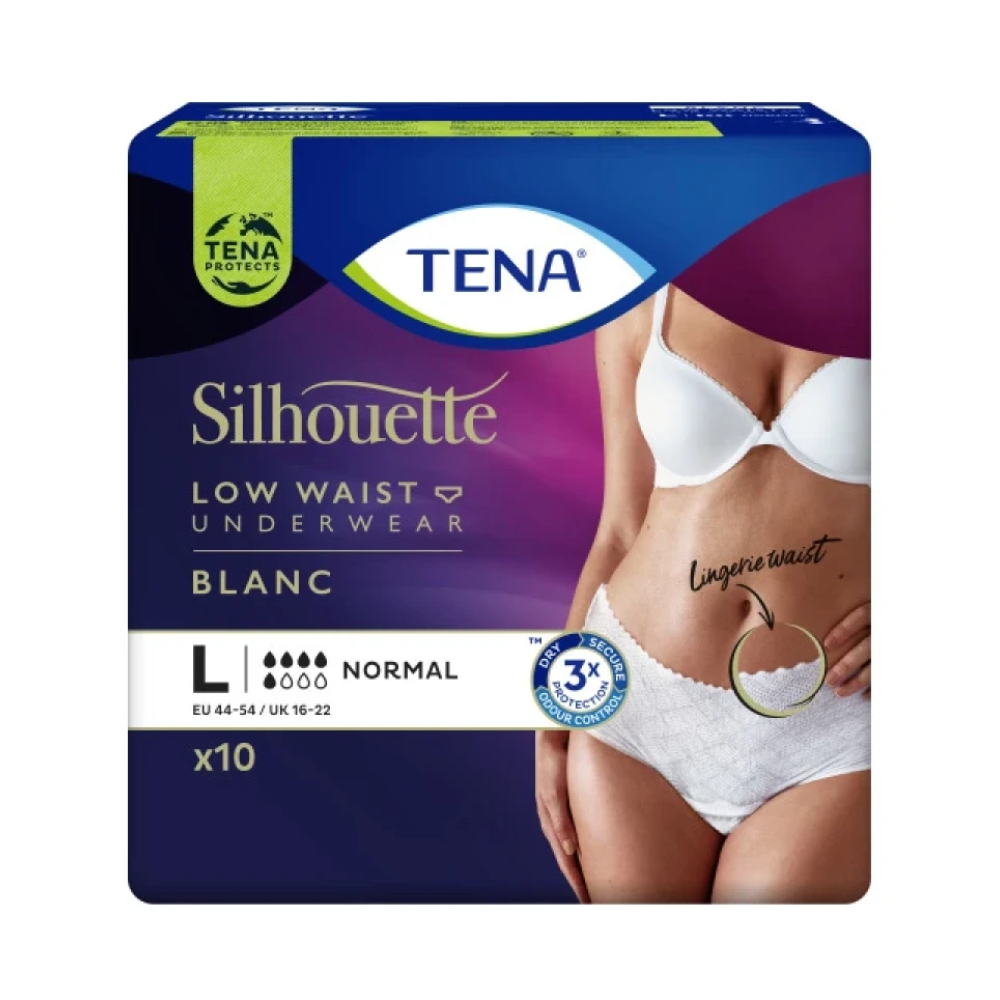 Verpackung der TENA Silhouette Normal Blanc Inkontinenzhose mit niedriger Taille für Frauen, Größe L, konzipiert für Blasenschwäche-Schutz. Auf der Vorderseite der Verpackung ist ein Bild einer Frau zu sehen, die die Inkontinenzunterwäsche trägt, sowie ein Text, der wichtige Merkmale wie Größe und Saugfähigkeit angibt.