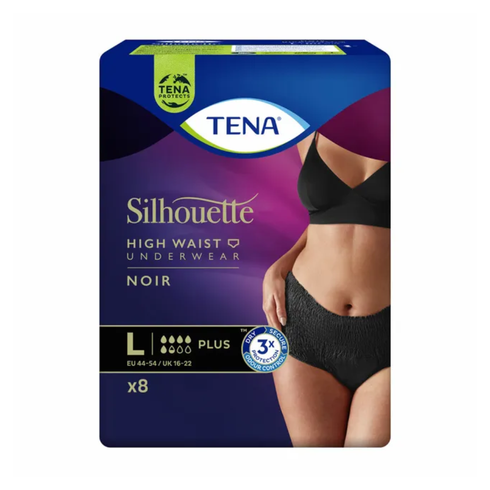 Pack of TENA Silhouette Plus Noir incontinence pants from TENA - Essity Germany GmbH. The image shows the abdomen of a woman wearing this discreet underwear for bladder protection. The pack indicates the size Large (EU 44-54/UK 16-22) and contains 8 pieces that provide effective protection against bladder weakness.