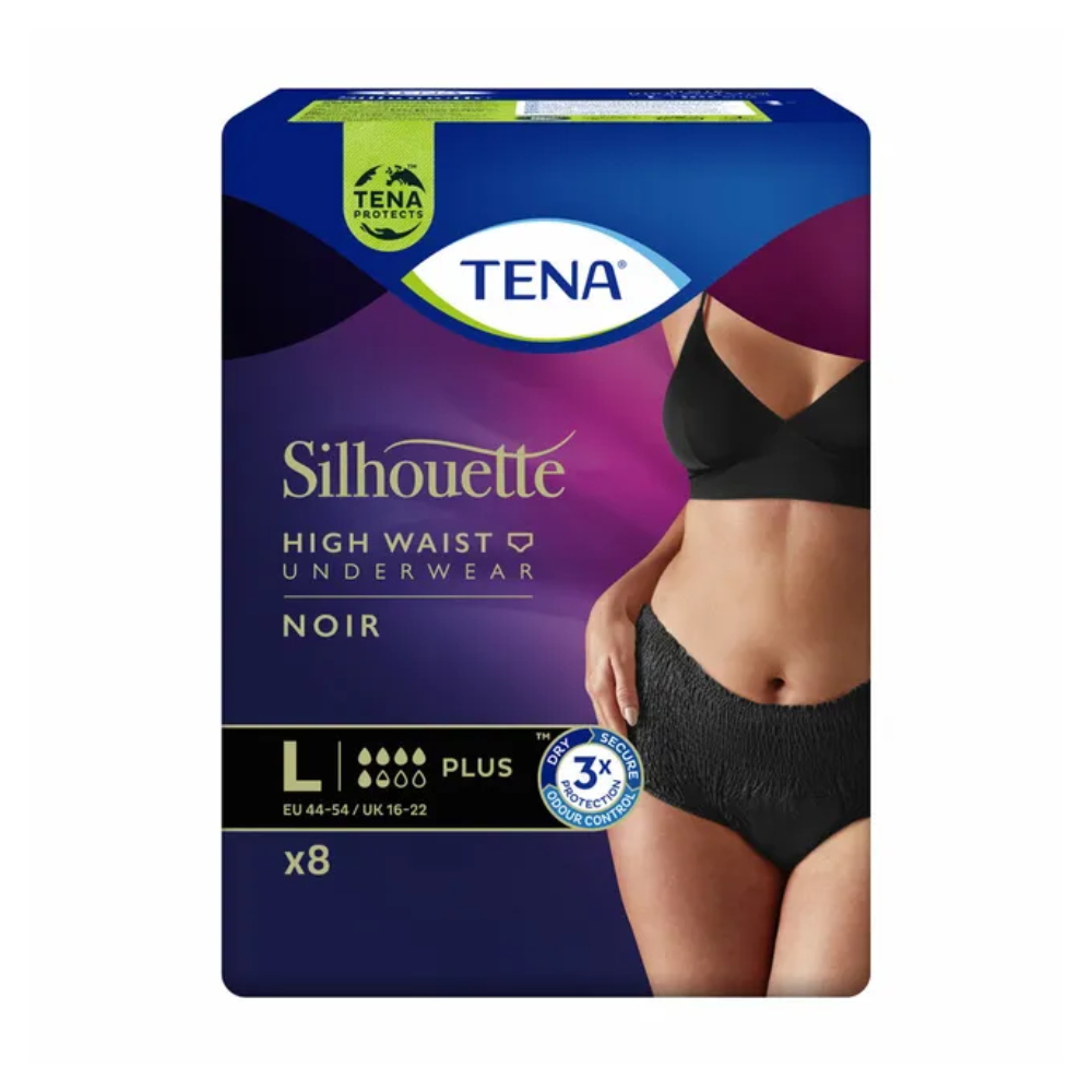 Verpackung der TENA Silhouette Plus Noir Inkontinenzpants von TENA (Essity Germany GmbH), Größe Large (EU 44-54/UK 16-22), enthält 8 Stück. Die Schachtel zeigt ein Bild einer Person, die das Produkt trägt, und wirbt mit Dreifachschutz gegen Blasenschwäche.