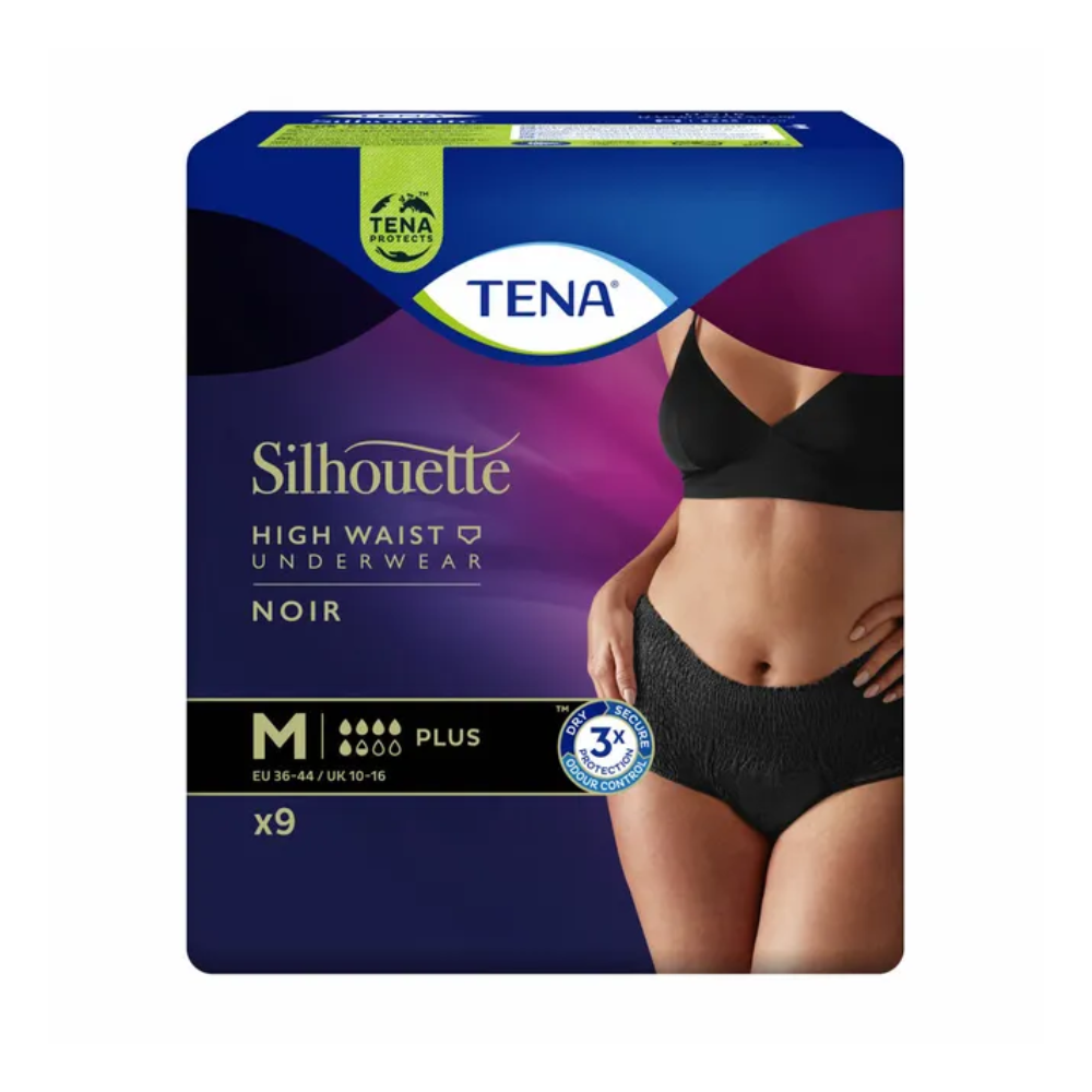 Verpackung der TENA Silhouette Plus Noir Inkontinenzpants in mittlerer Größe, gekennzeichnet mit EU 38-44/UK 10-16, mit Dreifachschutz. Enthält neun Stück. Das Bild zeigt eine Frau in schwarzer Unterwäsche und einem BH der Marke TENA (Essity Deutschland GmbH).