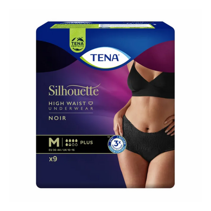 The image shows a pack of TENA Silhouette Plus Noir incontinence pants, which are ideal for the discreet management of bladder weakness. The packaging is in shades of blue and purple and shows a person in elegant black underwear. It is labeled as medium size with plus absorbency and contains nine pieces.