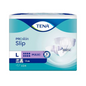 The TENA Slip Maxi incontinence pad with waistband, manufactured by TENA - Essity Germany GmbH, offers exceptional leak protection with its maxi absorbency. The packaging includes product images that highlight features such as wetness indicators, breathable fabric, and odor control. This large-format packaging contains 24 units tailored to your incontinence needs.