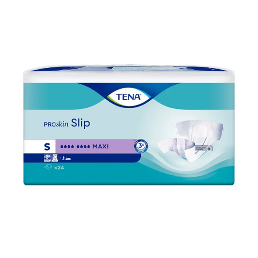 Eine Packung TENA Slip Maxi Inkontinenzvorlage mit Hüftbund Erwachsenenwindeln in Größe Small. Die Verpackung ist überwiegend weiß und blau mit violetten Akzenten, zeigt die Saugfähigkeit mit fünf ausgefüllten Kreisen an und bietet hervorragenden Auslaufschutz. Enthält 24 Stück, mit einem Bild der Windel auf der rechten Seite der Verpackung. Produkt von TENA (Essity Germany GmbH).