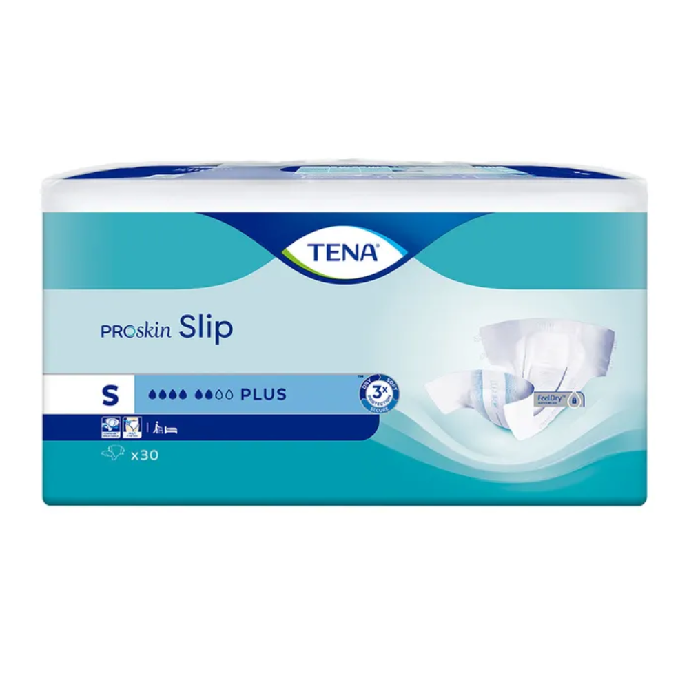 The packaging of the TENA Slip Plus incontinence pad with waistband in size S highlights the product name and a small image of the adult diaper on the front. It contains 30 pieces per pack and features the blue and white branding of TENA - Essity Germany GmbH, emphasizing reliable leakage protection for optimal comfort and protection.